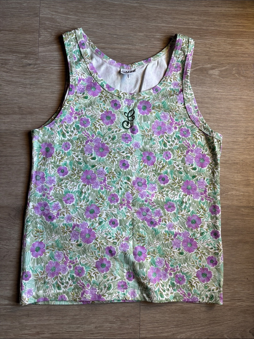 Ganni Lavender Floral Tank Top with Green Leaf Print
